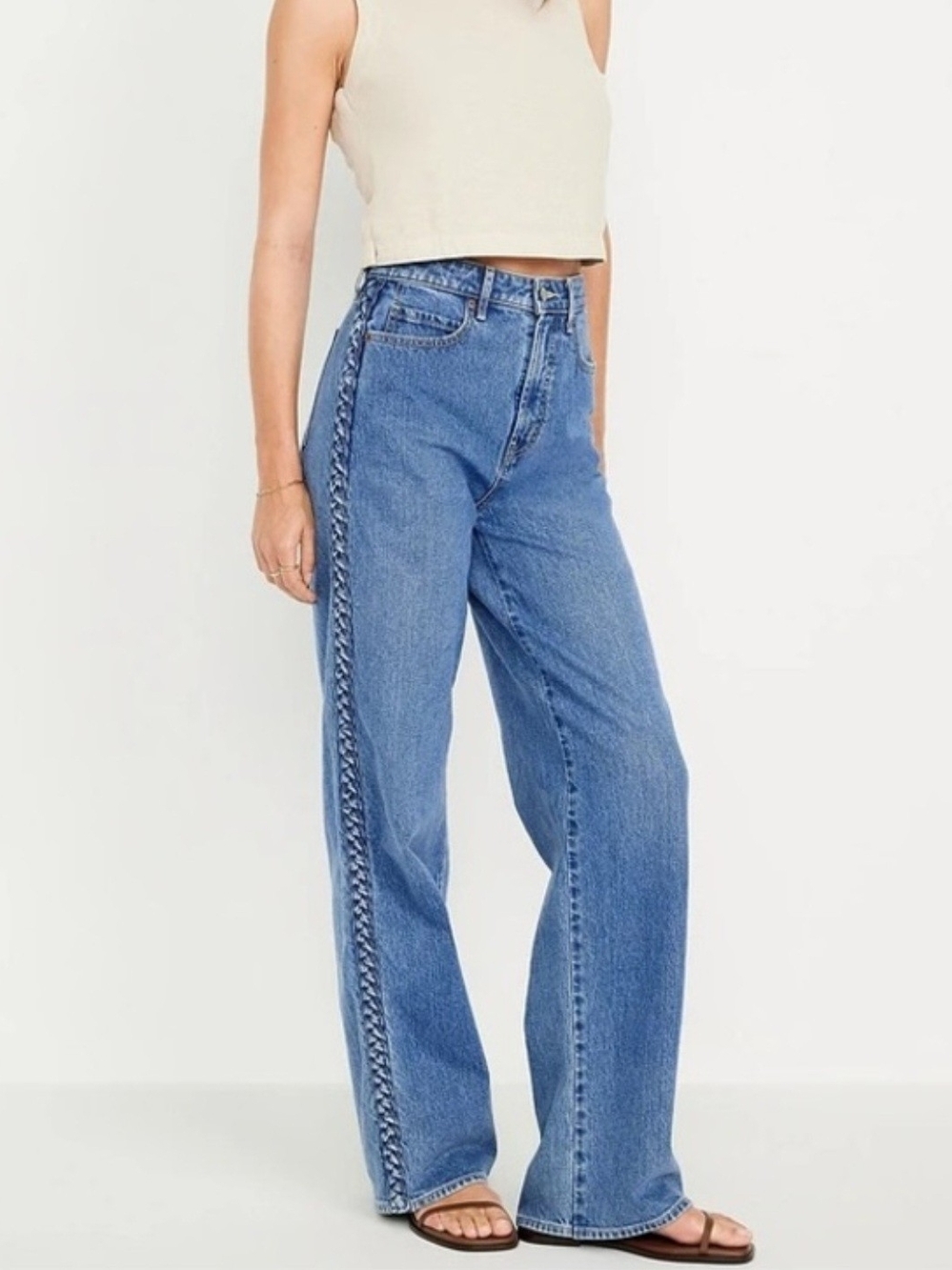 Old Navy NWT Cotton Sky High Rise Wide Leg Jeans with Braided Side Trim Size 12